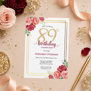 Invitación Elegante Fiesta de Cumpleaños 89 con Rubor Dorado