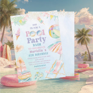 Invitación Elegante Fiesta de Cumpleaños 8 años Piscina Acuar