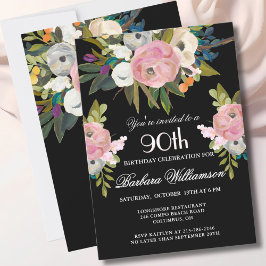 Invitación Elegante fiesta de cumpleaños 90º floral pintada a