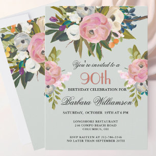 Invitación Elegante fiesta de cumpleaños 90º floral pintada a