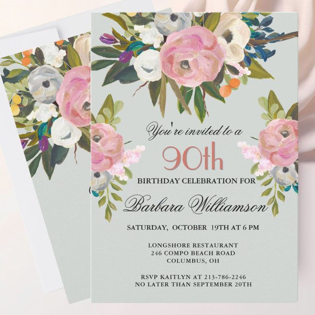 Invitación Elegante fiesta de cumpleaños 90º floral pintada a (Subido por el creador)
