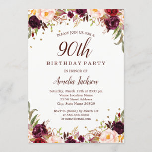 Invitación Elegante fiesta de cumpleaños 90 con flores de bor