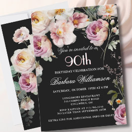 Invitación Elegante fiesta de cumpleaños 90 con flores pintad
