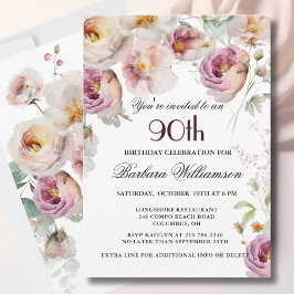 Invitación Elegante fiesta de cumpleaños 90 con flores pintad