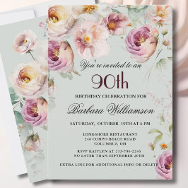 Invitación Elegante fiesta de cumpleaños 90 con flores pintad