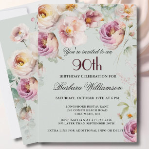 Invitación Elegante fiesta de cumpleaños 90 con flores pintad