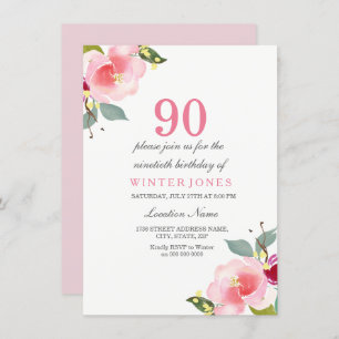 Invitación Elegante fiesta de cumpleaños 90 con flores rosada