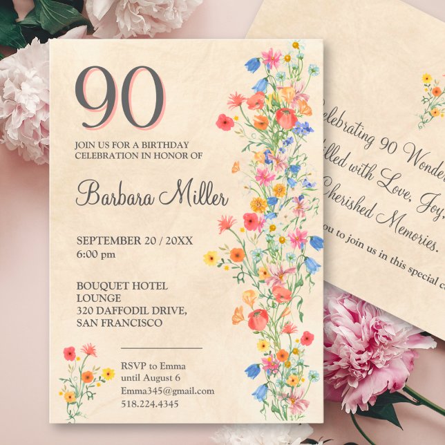 Invitación Elegante Fiesta de Cumpleaños 90 con Flores Silves (Subido por el creador)