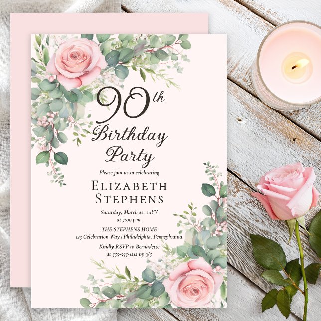 Invitación Elegante fiesta de cumpleaños 90 con rosa y eucali (Elegant blush rose and eucalyptus 90th birthday invitation with soft watercolor florals)