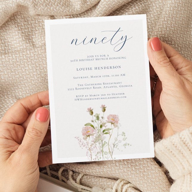 Invitación Elegante fiesta de cumpleaños 90 de Boho Floral Wi (Subido por el creador)