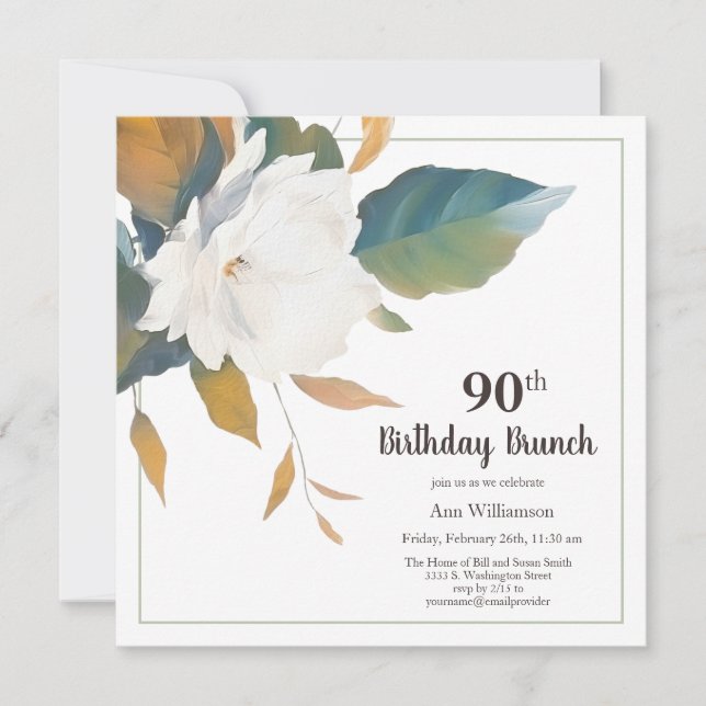 Invitación Elegante fiesta de cumpleaños 90 de Floral Blanca (Anverso)