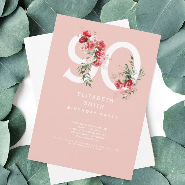 Invitación Elegante fiesta de cumpleaños 90 de Floral Rosa y  (Subido por el creador)