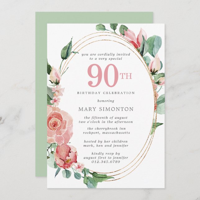 Invitación Elegante fiesta de cumpleaños 90 de la flor rosa r (Anverso / Reverso)
