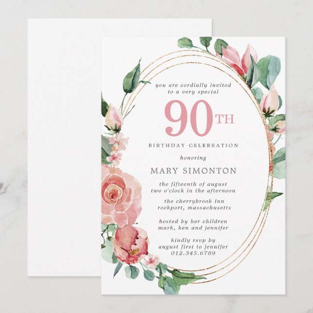 Invitación Elegante fiesta de cumpleaños 90 de la flor rosa r (Anverso / Reverso)