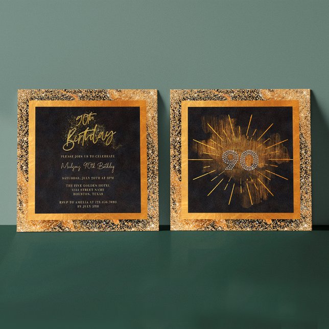 Invitación Elegante fiesta de cumpleaños 90 de Purpurina Negr (Front / Back)