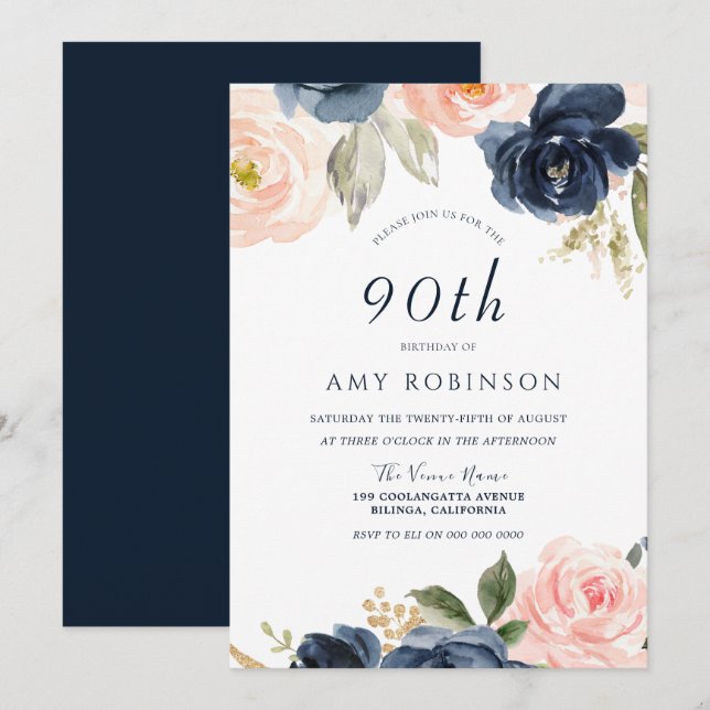 Invitación Elegante fiesta de cumpleaños 90 de Rubor y Marina (Anverso / Reverso)