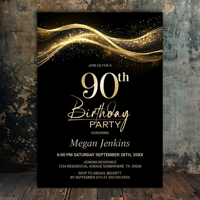Invitación Elegante fiesta de cumpleaños 90 del oro negro (Subido por el creador)