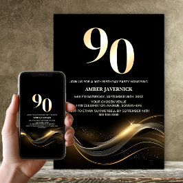 Invitación Elegante fiesta de cumpleaños 90 en negro y oro