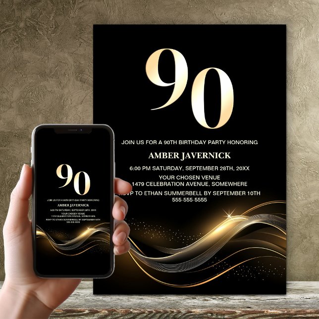Invitación Elegante fiesta de cumpleaños 90 en negro y oro (Subido por el creador)