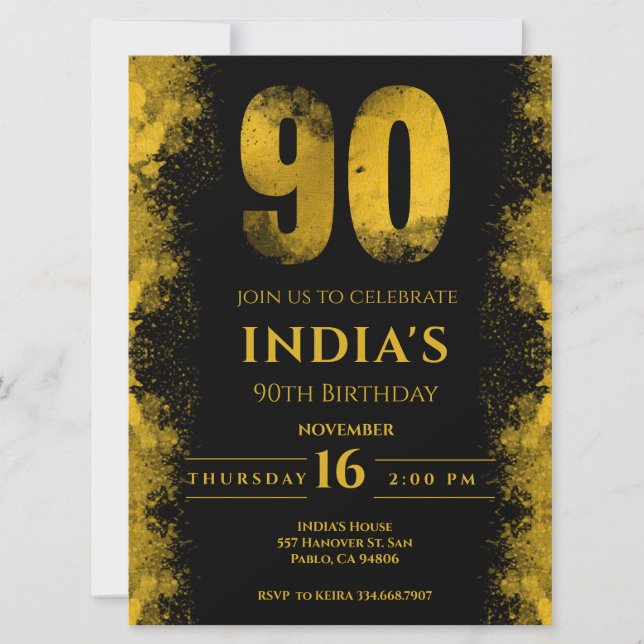 Invitación Elegante fiesta de cumpleaños 90 en negro y oro (Anverso)