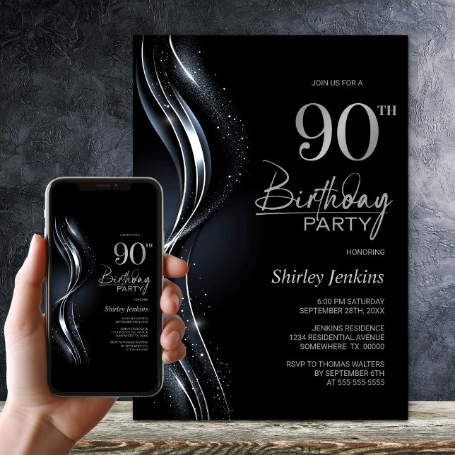 Invitación Elegante fiesta de cumpleaños 90 en negro y platea (Subido por el creador)