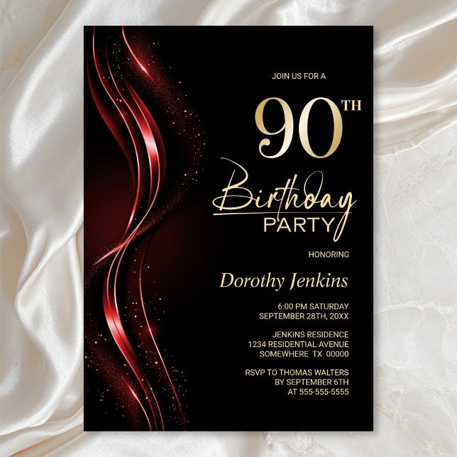Invitación Elegante fiesta de cumpleaños 90 en negro y rojo (Subido por el creador)