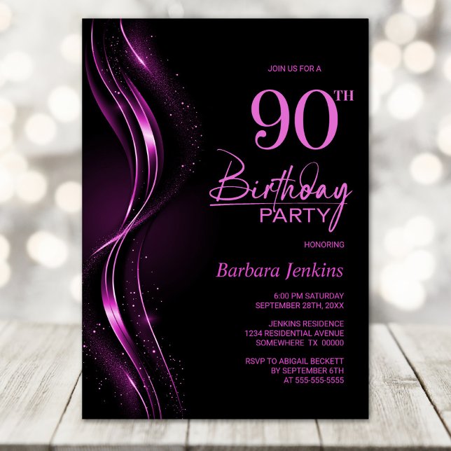 Invitación Elegante fiesta de cumpleaños 90 en negro y rosa (Subido por el creador)