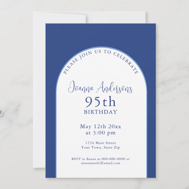 Invitación Elegante fiesta de cumpleaños 95º azul simple (Anverso)