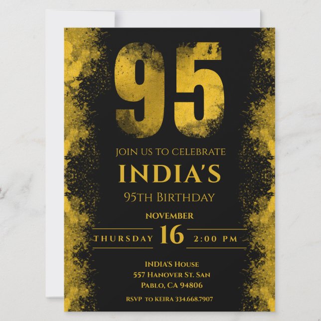 Invitación Elegante fiesta de cumpleaños 95º en negro y oro (Anverso)