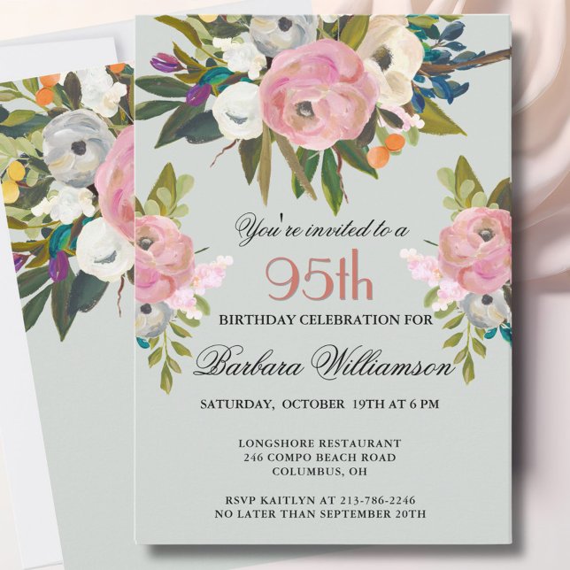 Invitación Elegante Fiesta de Cumpleaños 95 con Flores Pintad (Subido por el creador)