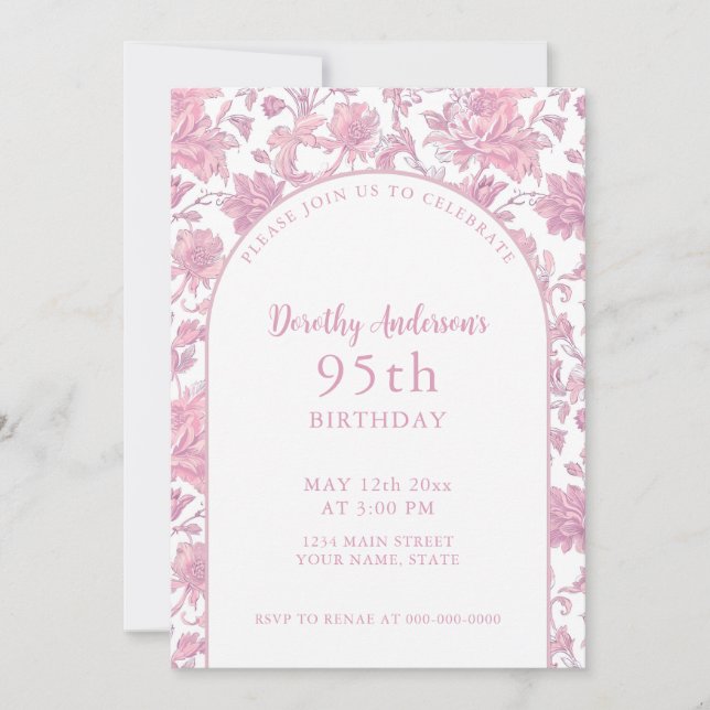 Invitación Elegante fiesta de cumpleaños 95 de Floral Rosa (Anverso)