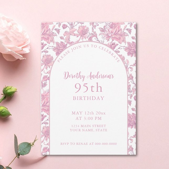 Invitación Elegante fiesta de cumpleaños 95 de Floral Rosa (Subido por el creador)
