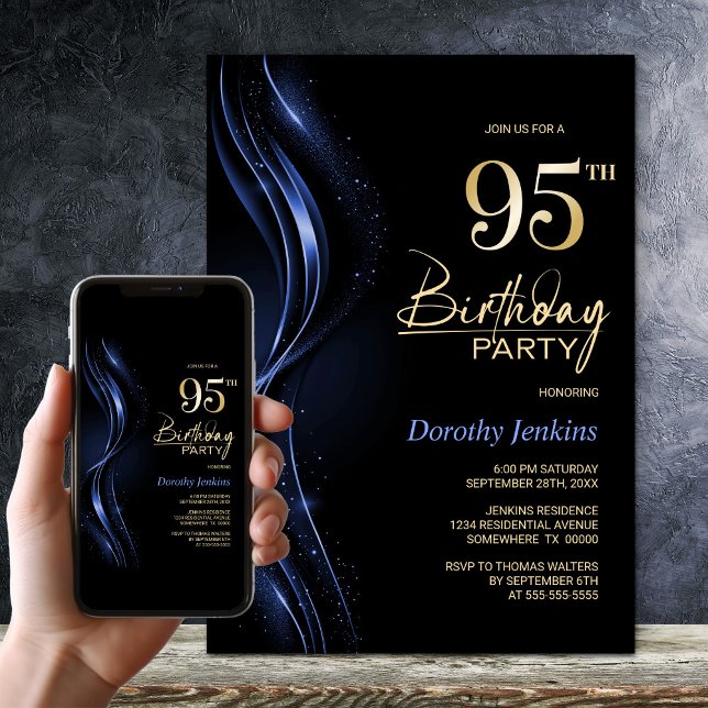 Invitación Elegante fiesta de cumpleaños 95 en negro y azul (Subido por el creador)