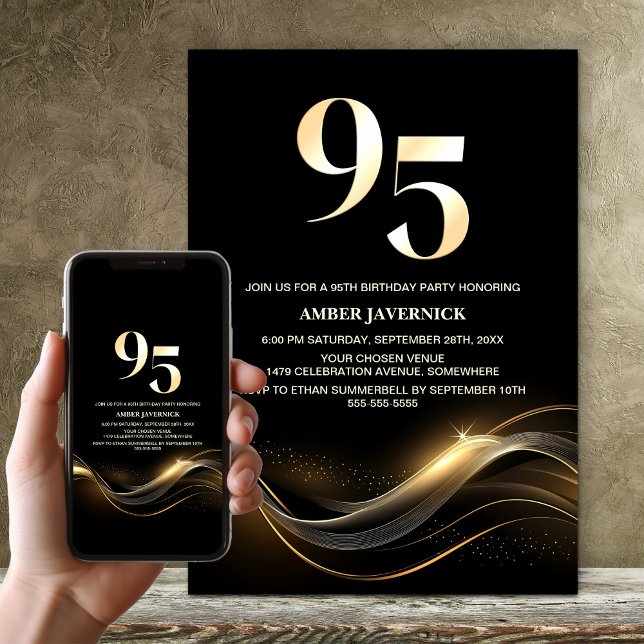 Invitación Elegante fiesta de cumpleaños 95 en negro y oro (Subido por el creador)