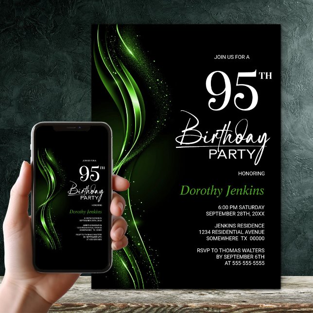 Invitación Elegante fiesta de cumpleaños 95 en negro y verde (Subido por el creador)