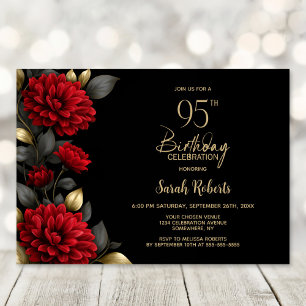 Invitación Elegante Fiesta de Cumpleaños 95 Rojo Floral Negro