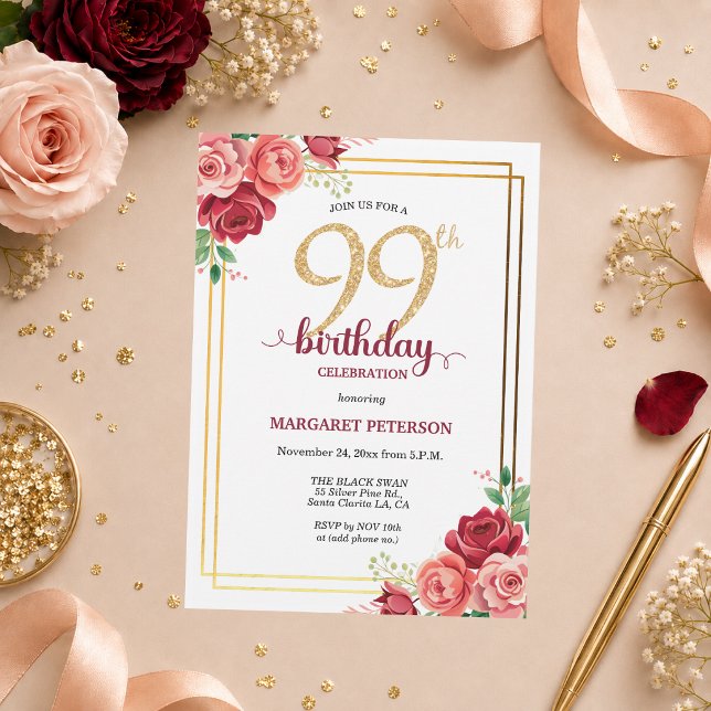 Invitación Elegante Fiesta de Cumpleaños 99 con Rubor Dorado  (Subido por el creador)