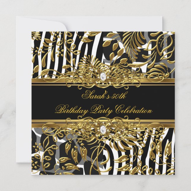 Invitación Elegante fiesta de cumpleaños animal Damasco de or (Anverso)