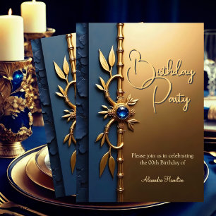 Invitación Elegante Fiesta de Cumpleaños Azul Acero Dorado Or