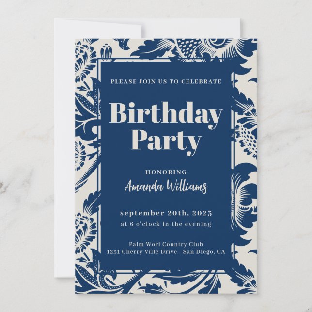 Invitación Elegante fiesta de cumpleaños azul de la Marina (Anverso)
