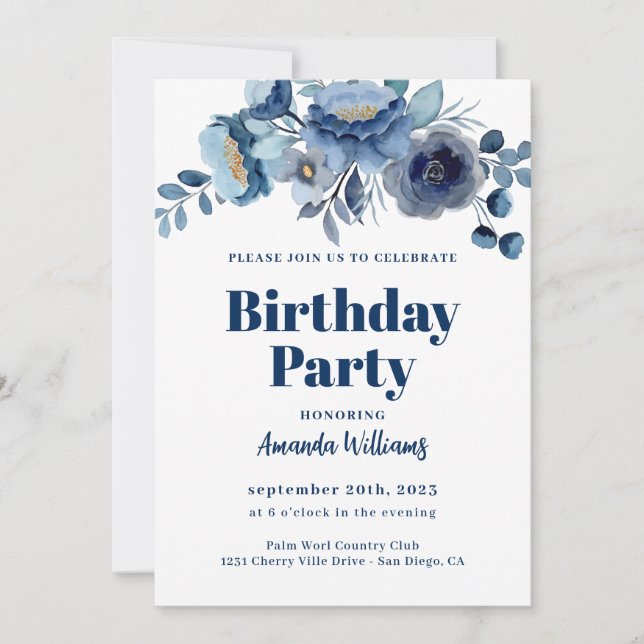 Invitación Elegante fiesta de cumpleaños azul de la Marina Fl (Anverso)