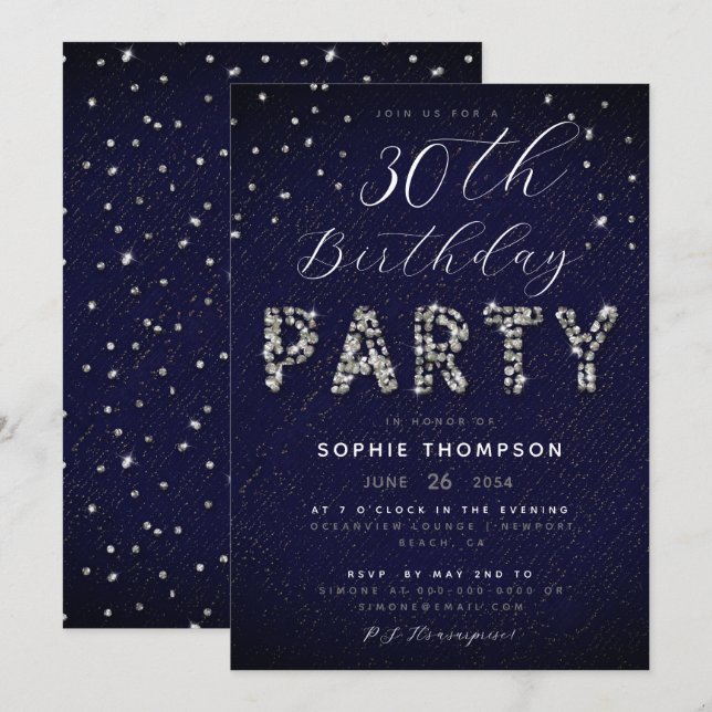 Invitación Elegante fiesta de cumpleaños azul del Purpurina S (Anverso / Reverso)