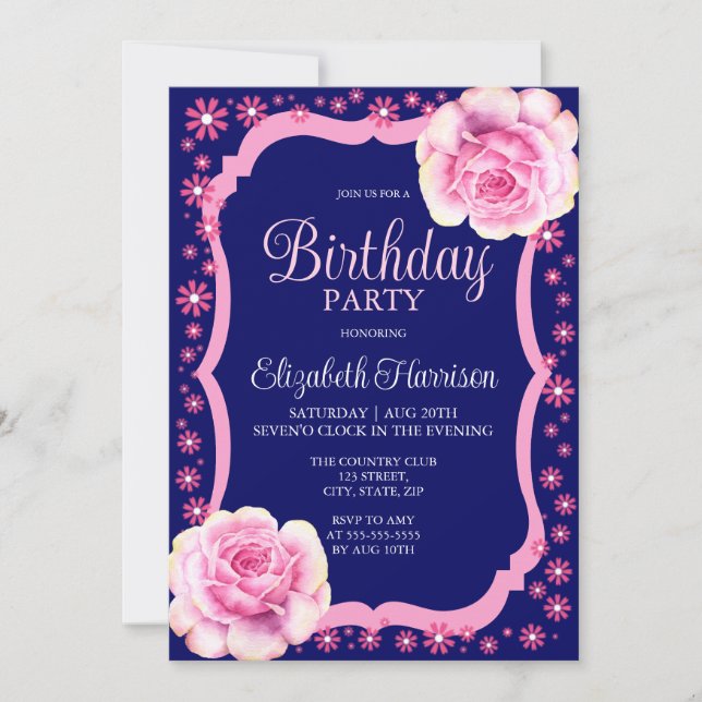 Invitación Elegante fiesta de cumpleaños azul oscuro con flor (Anverso)