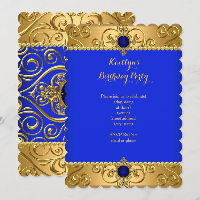 Invitación Elegante Fiesta de Cumpleaños Azul Real Damasco Do (Anverso / Reverso)