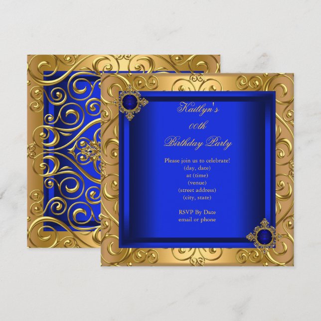 Invitación Elegante fiesta de cumpleaños azul real damasco do (Anverso / Reverso)