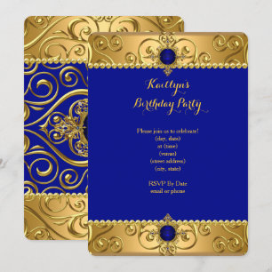 Invitación Elegante Fiesta de Cumpleaños Azul Real Damasco Do