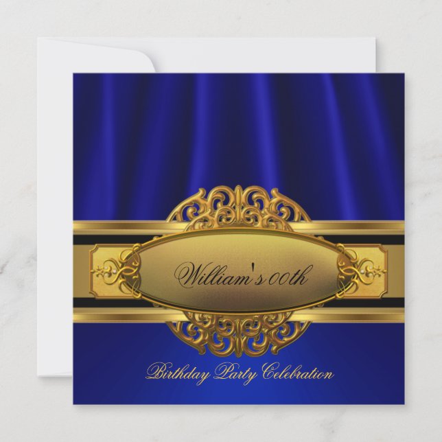 Invitación Elegante Fiesta de Cumpleaños Azul Real Dorado (Anverso)