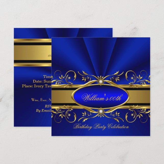 Invitación Elegante Fiesta de Cumpleaños Azul Real y Dorado (Anverso / Reverso)