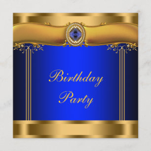 Invitación Elegante Fiesta de Cumpleaños Azul Real y Dorado