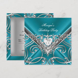 Invitación Elegante Fiesta de Cumpleaños Azul Teal Plateado D